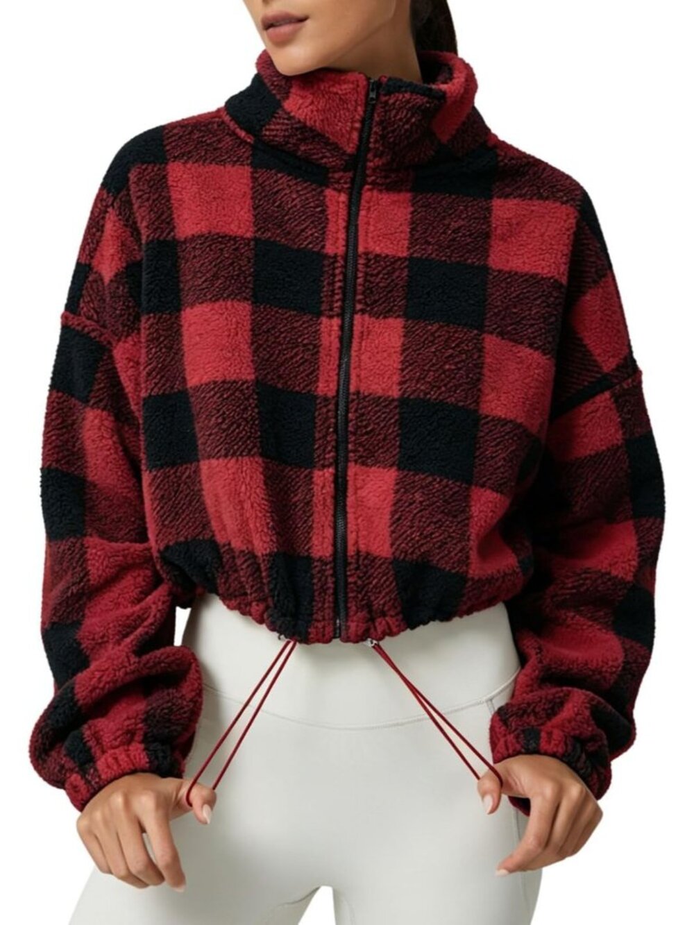 Women’s Red Plaid Cropped Sherpa Full Zip Warm Winter Coat Fleece Jacket